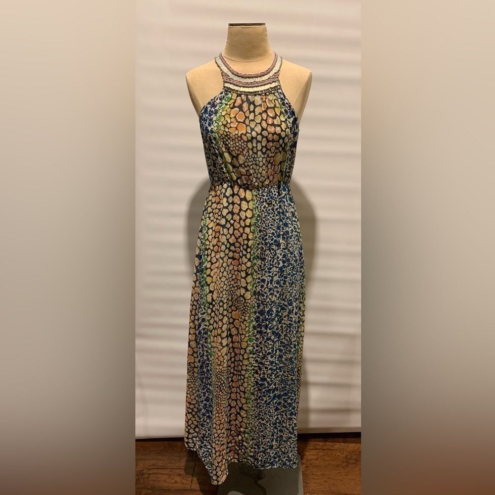 HD in Paris Anthropologie maxi dress with beading neckline detail, size 0